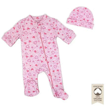 Rose Textiles - 100% Organic Heather Heart Sleeper + Hat, Pink Image 1