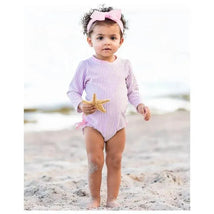 RuffleButts - Baby Girl Seersucker One Piece Rash Guard, Lilac Image 9