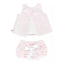 RuffleButts - Girls Pink Seersucker Ric Rac Swing Top & Bloomer Set Image 2