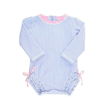Rufflebutts - Periwinkle Blue Seersucker One Piece Rash Guard Image 2