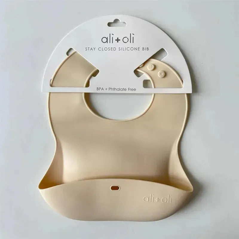 Ali + Oli Silicone Baby Bib Roll Up & Stay Closed (Sand) Image 2