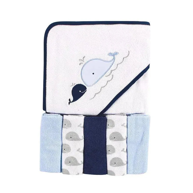 Baby Vision Hooded Towel And 5 Washcloths, Whale Image 1