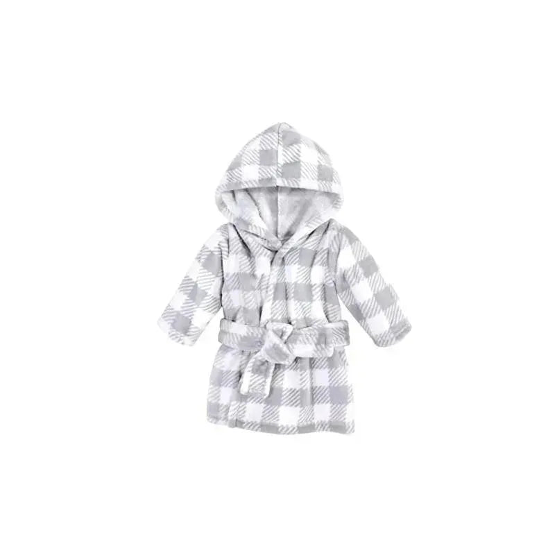 Baby Vision Plush Bathrobes 0-9M, Gray Plaid Image 1