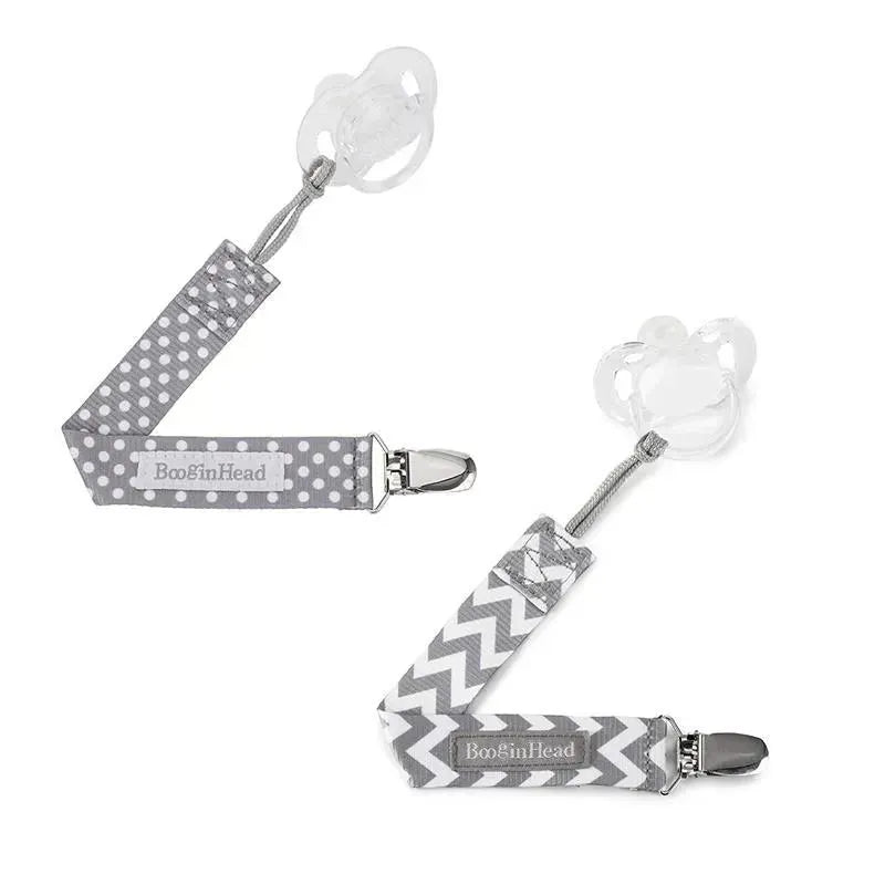 Booginhead - Pacifier Clip Pacigrip 2Pk, Grey Chevron/Dots Image 3