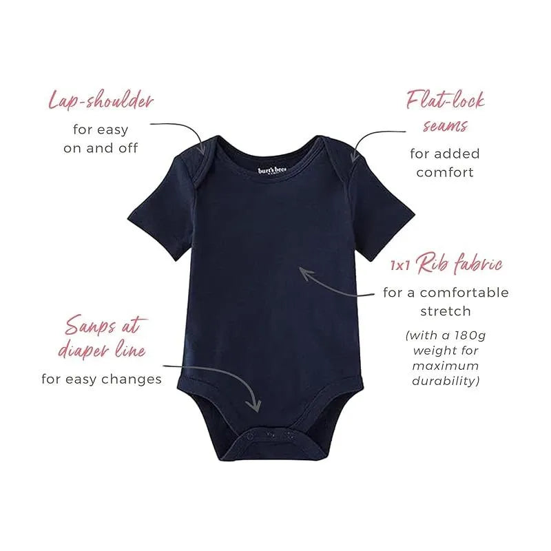 Burts Bees - 3Pk Baby Unisex Organic Solid Short Sleeve Bodysuits, Midnight Image 4