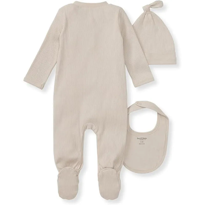 Burts Bees - 3Pk Jumpsuit, Hat & Bib Set, Limestone Image 2