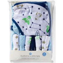 Buttons & Stitches - Hooded towel and washcloths Pack, Rocket.