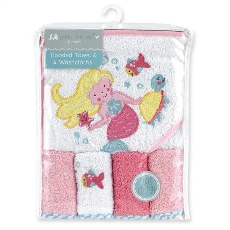 Cotton Pink Grey Hooded Towel and Washcloth Set (Mermaid) Image 1