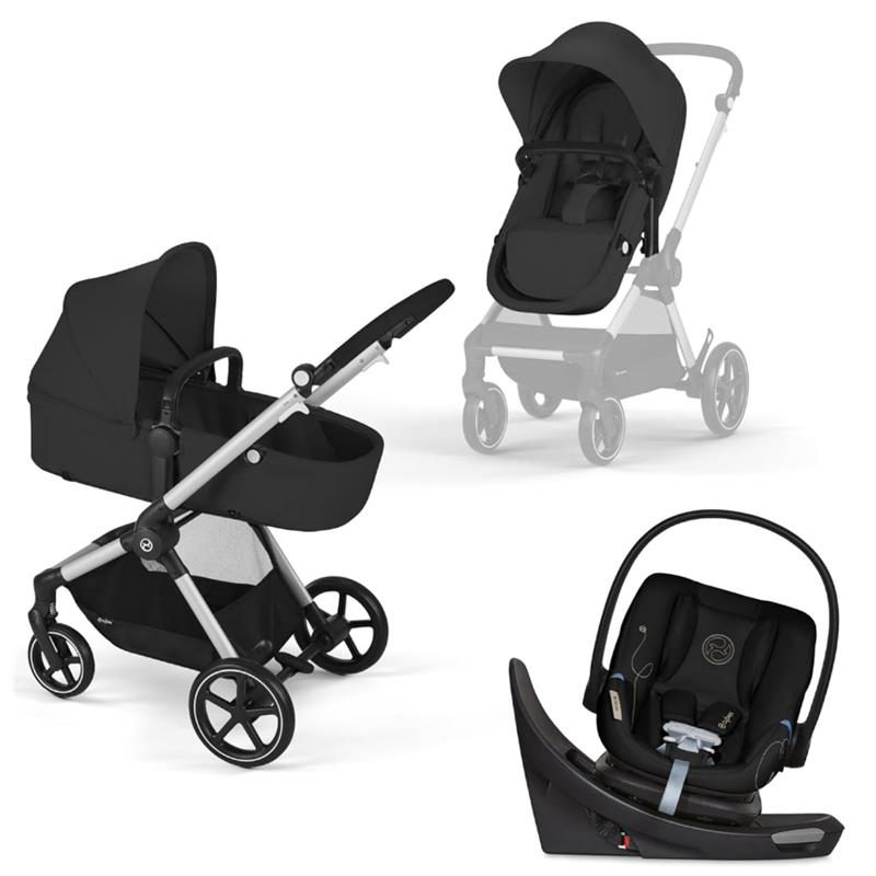 Cybex - Eos 5-In-1 Travel System Stroller Silver Frame + Aton G Swivel Infant Car Seat With Sensorsafe, Moon Black Image 1