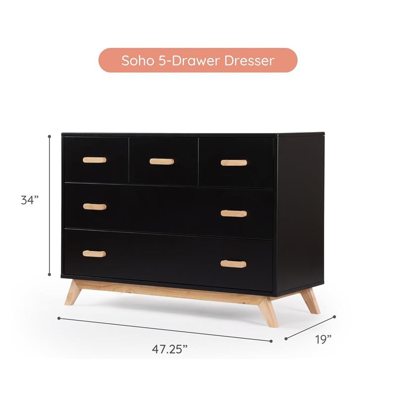 Dadada - Soho 5-Drawer Dresser for Nursery and Bedroom, Black/Natural Image 6