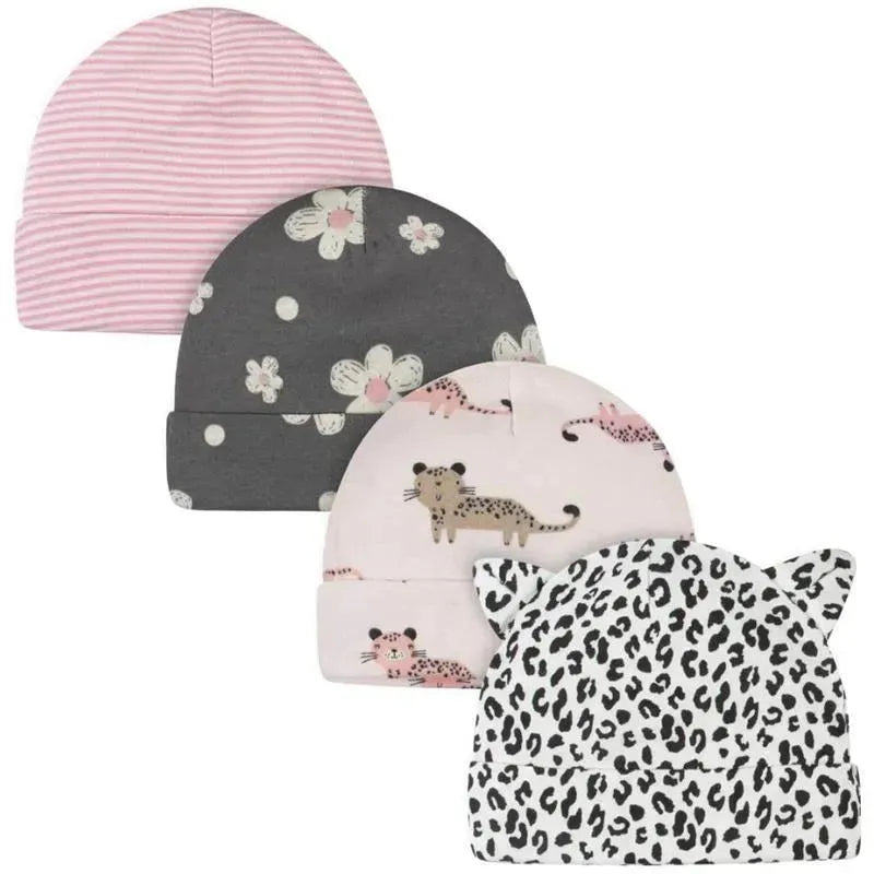 Gerber - 4Pk Baby Caps - Girl 0-6M Leopard Image 1
