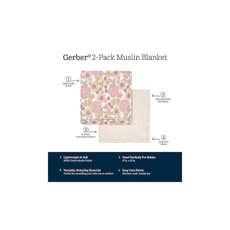 Gerber Bedding - 2Pk Muslins Blanket, Girl Retro Floral Image 3