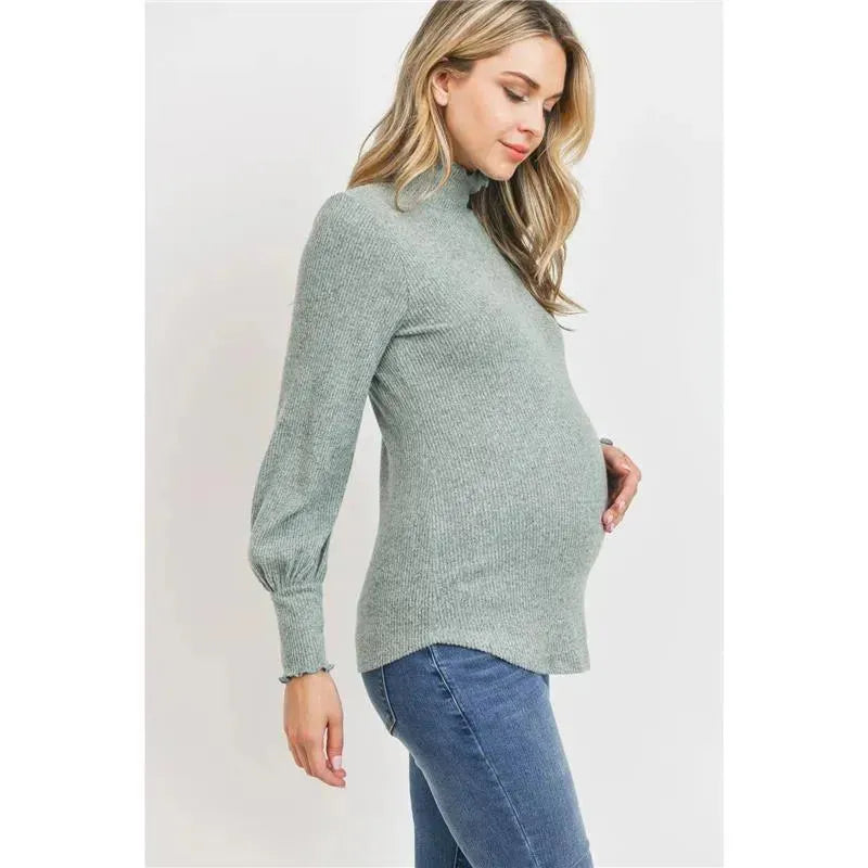 Hello Miz - Brushed Ribbed Hacci Maternity Mock Neck Top, Mint Image 2