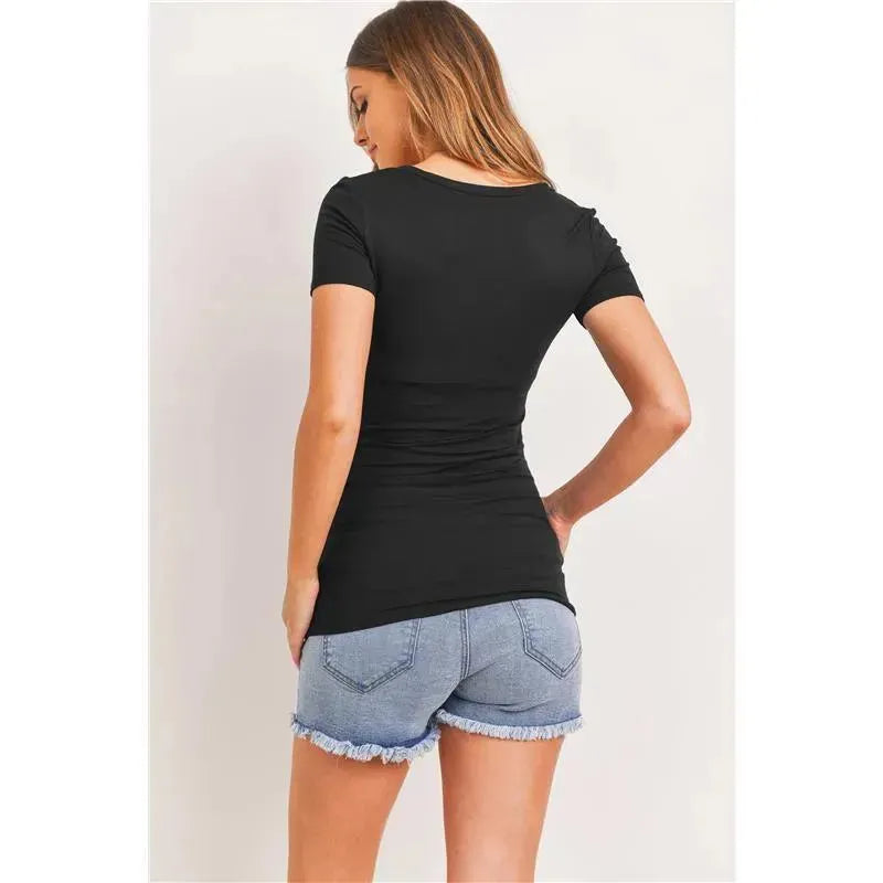 Hello Miz - Maternity Top Basic High V-Neck With Ruched Side Detail, Black Image 3