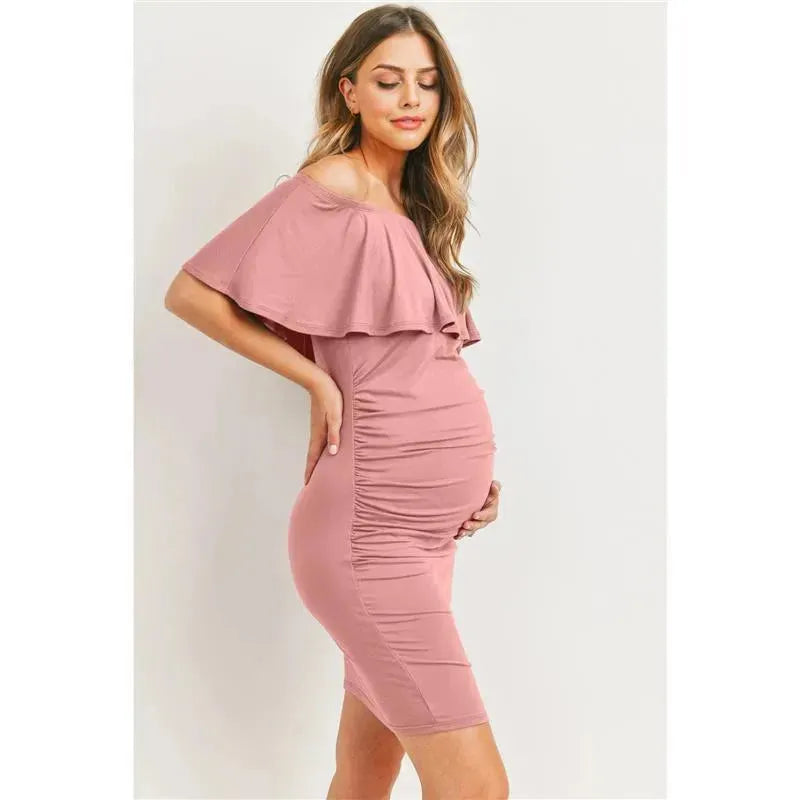 Hello Miz - Off Shoulder Ruffled Maternity Mini Dress, Mauve Image 3