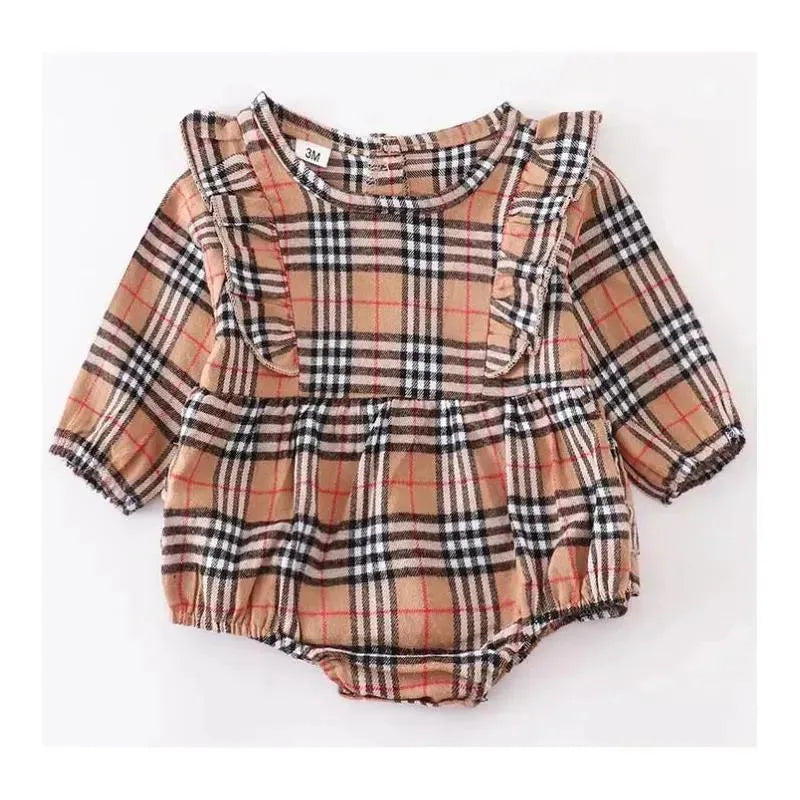 Honeydew - Beige Plaid Ruffle Baby Romper Image 1