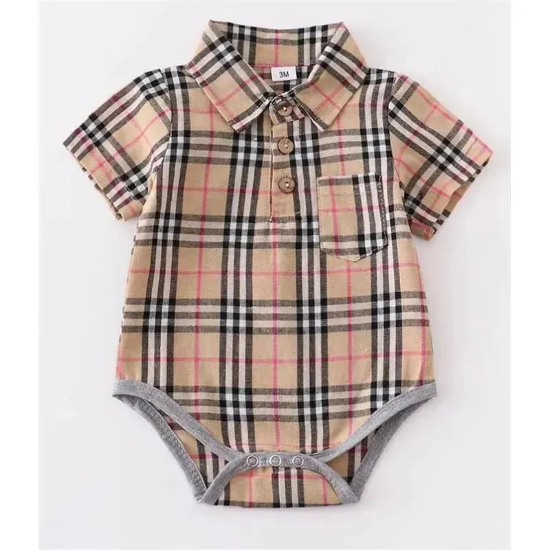 Honeydew - Brown Plaid Button Down Baby Romper Image 1