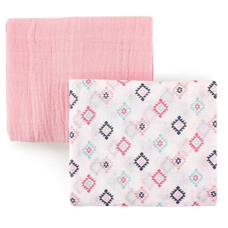 Hudson Baby 2-Pack Muslin Swaddle Blankets, Pink Aztec Image 1