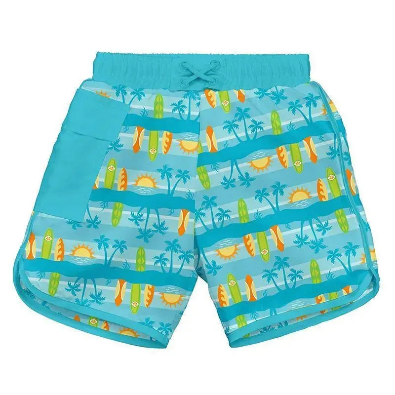 Iplay Pocket Board Shorts W/Built-In Swim Diaper - Aqua Surfboard Sunset Image 1