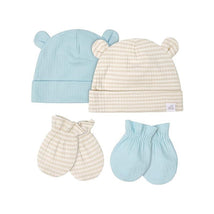 Just Born - 4Pk Baby Boy Caps & Mittens Set, Blue & Stripe Image 1