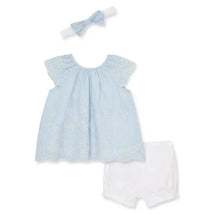 Little Me - Baby Girl Blue Woven Eyelet Short Set & Headband Image 1