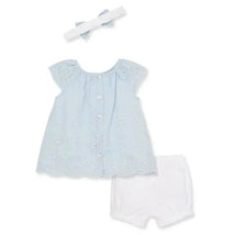 Little Me - Baby Girl Blue Woven Eyelet Short Set & Headband Image 2