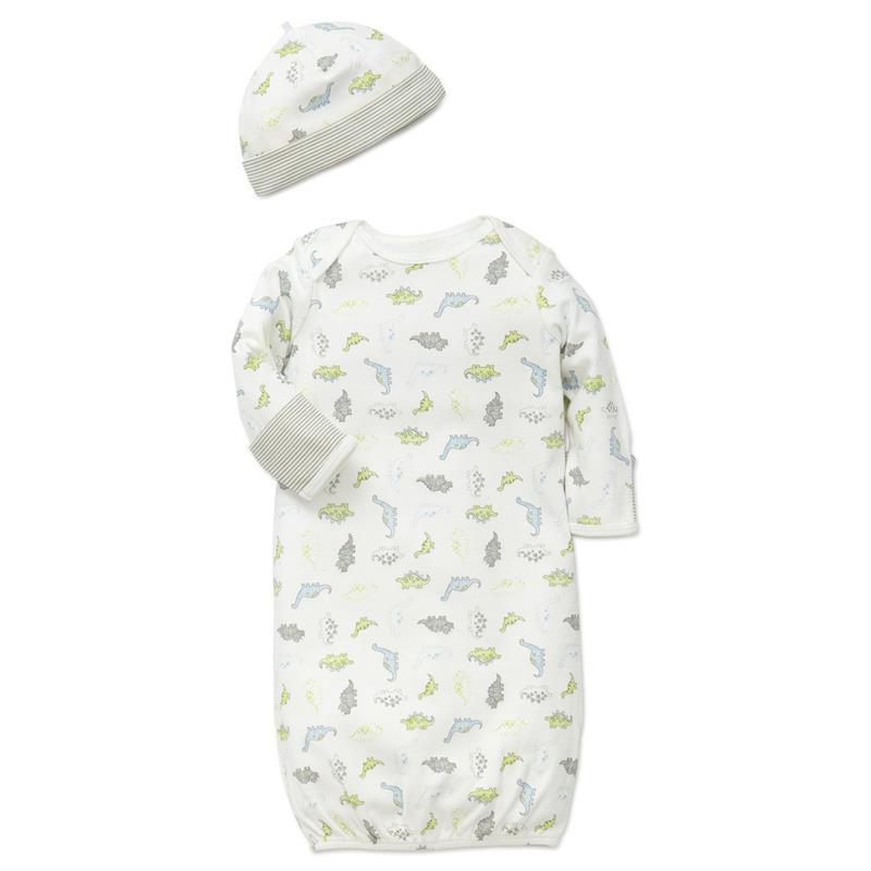 Little Me - Tiny Dinos Gown & Hat, White Print, 0/3M Image 1