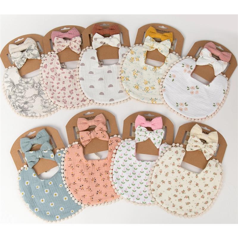 Little Trendy - Baby Floral Cotton Waterproofer Bib And Bows Headband Set, Color 4 Image 3
