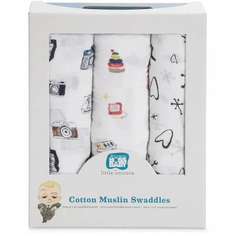 Little Unicorn 3 Pack Boss Baby Cotton Muslin Swaddle - Toy Box, Multi Image 3