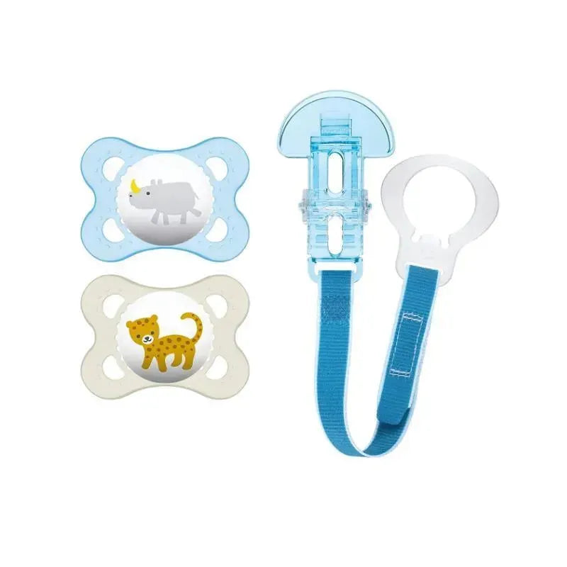 MAM 2-Pack 0-6 Months Animal Pacifiers & Pacifier Clip - Boy Image 1