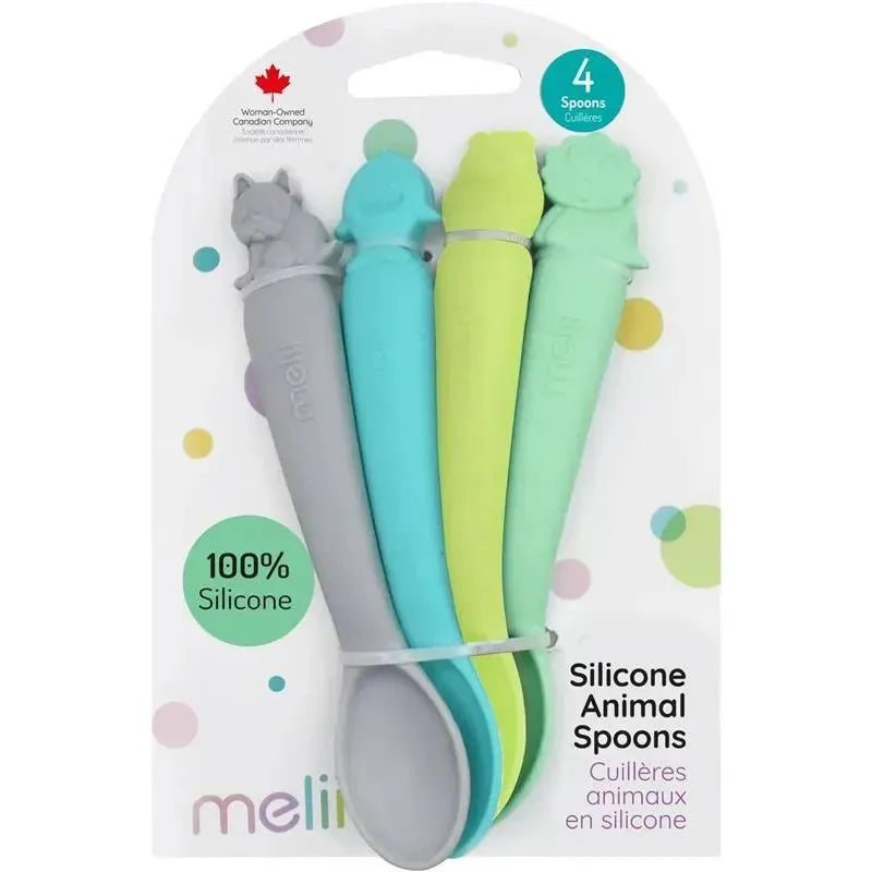 Melii - 100% Silicone Spoons, Baby and Toddler Feeding, BPA Free, 4 Piece Set, Shark, Dino, Bulldog, and Bear Image 1