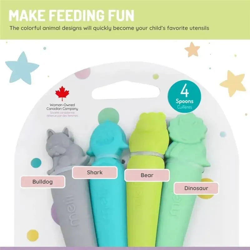 Melii - 100% Silicone Spoons, Baby and Toddler Feeding, BPA Free, 4 Piece Set, Shark, Dino, Bulldog, and Bear Image 2