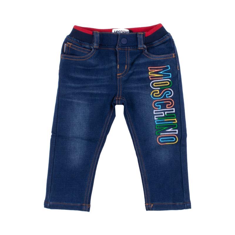 Moschino - Baby Jeans With Colorful Text Logo & Bear, Blue Nuit Image 1