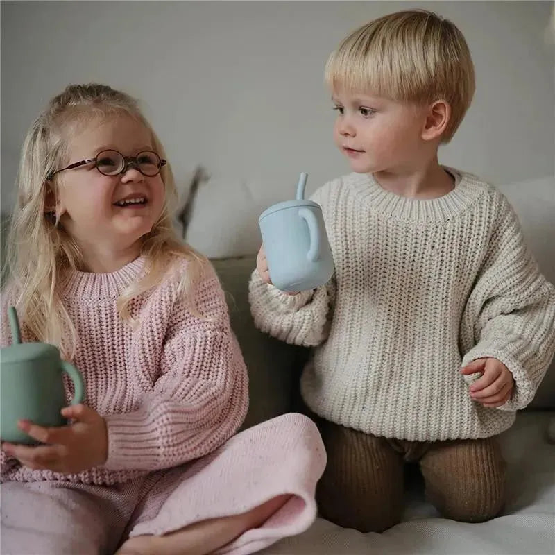 Mushie - Silicone Training Cup & Straw, Powder Blue Image 3