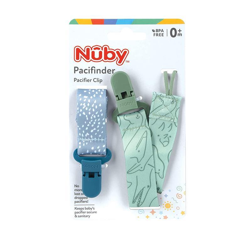Nuby - 2Pk Boy Printed Fabric Pacifier Clip Holder With Plastic Clip, Blue Dots/ Green Dino Image 2