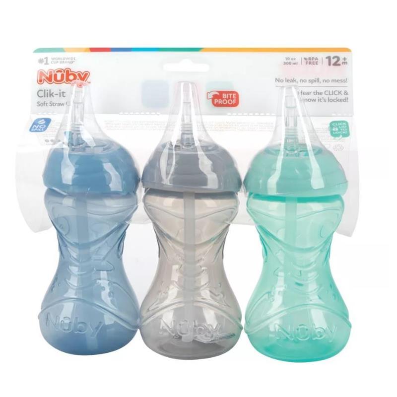 Nuby - 3Pk Clik-It Flexi-Straw Cup10Oz, Aqua/Grey/Blue Image 2