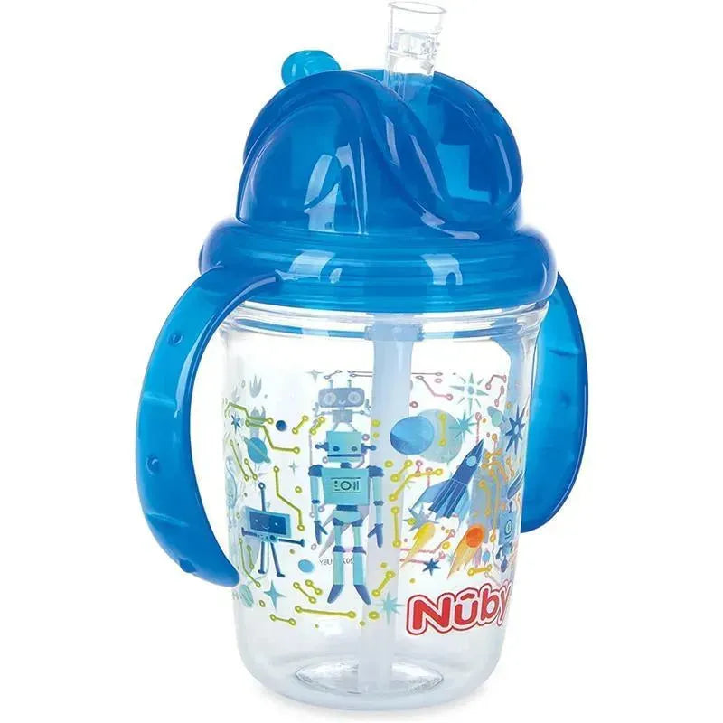 Nuby - Blue Tritan 2 Handle No-Spill Flip-it Fat Straw Printed Cup, 8Oz Image 1