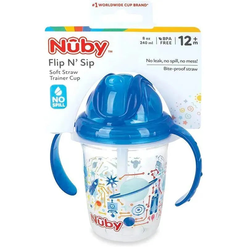 Nuby - Blue Tritan 2 Handle No-Spill Flip-it Fat Straw Printed Cup, 8Oz Image 2