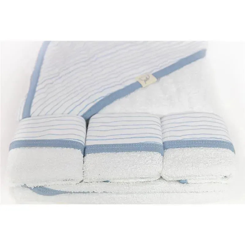 Piccolo Bambino Blue Striped Baby Hooded Towel & 3 Baby Washcloths Set Image 3