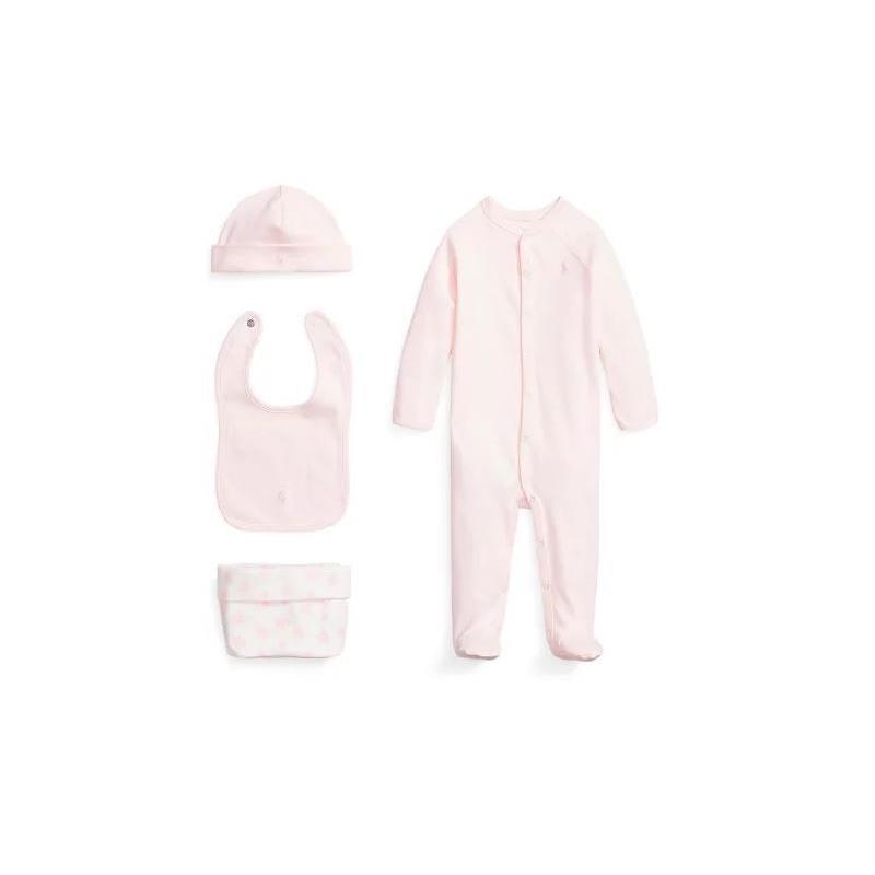 Polo Ralph Lauren Baby - 4Pk Long-Sleeve Interlock Coverall, Bib, Beanie & Print Knit Caddy, Delicate Pink Image 1