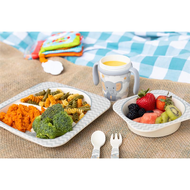 Primo Passi | Bamboo Fiber Kids Super Combo - Divided Square Plate, Square Bowl, Fork&Spoon, And 3 Food Container With Lids - Little Elephant Image 5