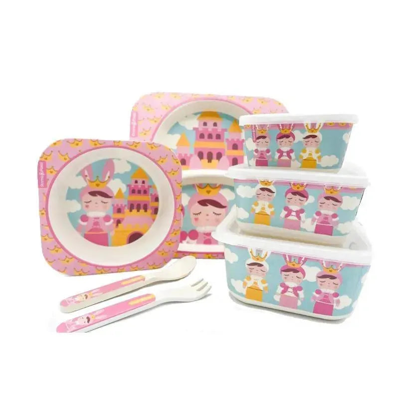 Primo Passi - Bamboo Fiber Kids Super Combo - Divided Square Plate, Square Bowl, Fork&Spoon, And 3 Food Container With Lids - Metoo Image 1