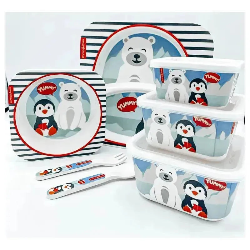Primo Passi - Bamboo Fiber Kids Super Combo - Divided Square Plate, Square Bowl, Fork&Spoon, And 3 Food Container With Lids - Winter Friends Image 1