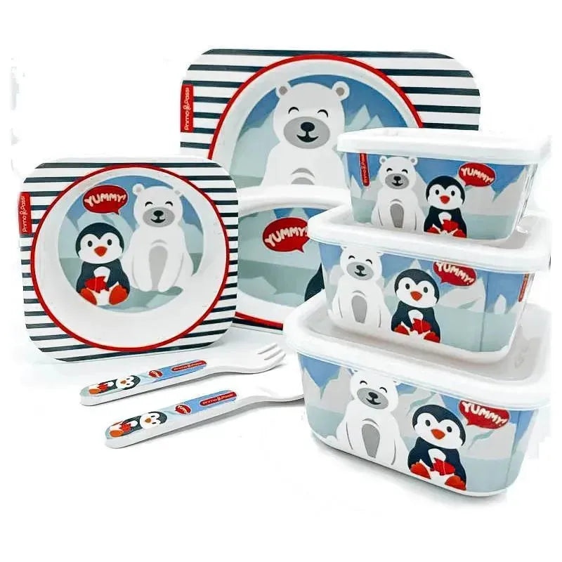 Primo Passi - Bamboo Fiber Kids Super Combo - Divided Square Plate, Square Bowl, Fork&Spoon, And 3 Food Container With Lids - Winter Friends Image 2