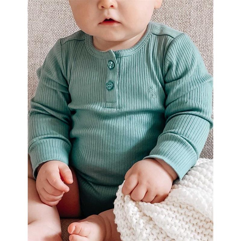 Pure Baby - Baby Boy Rib Long Sleeve Henley Bodysuit, Moss Green Image 2