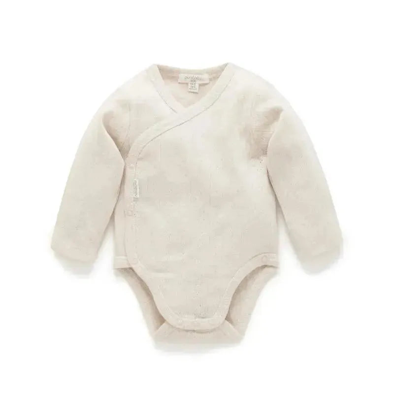 Pure Baby - Baby Neutral Pointelle Long Sleeve Wrap Bodysuit, Wheat Melange Image 1