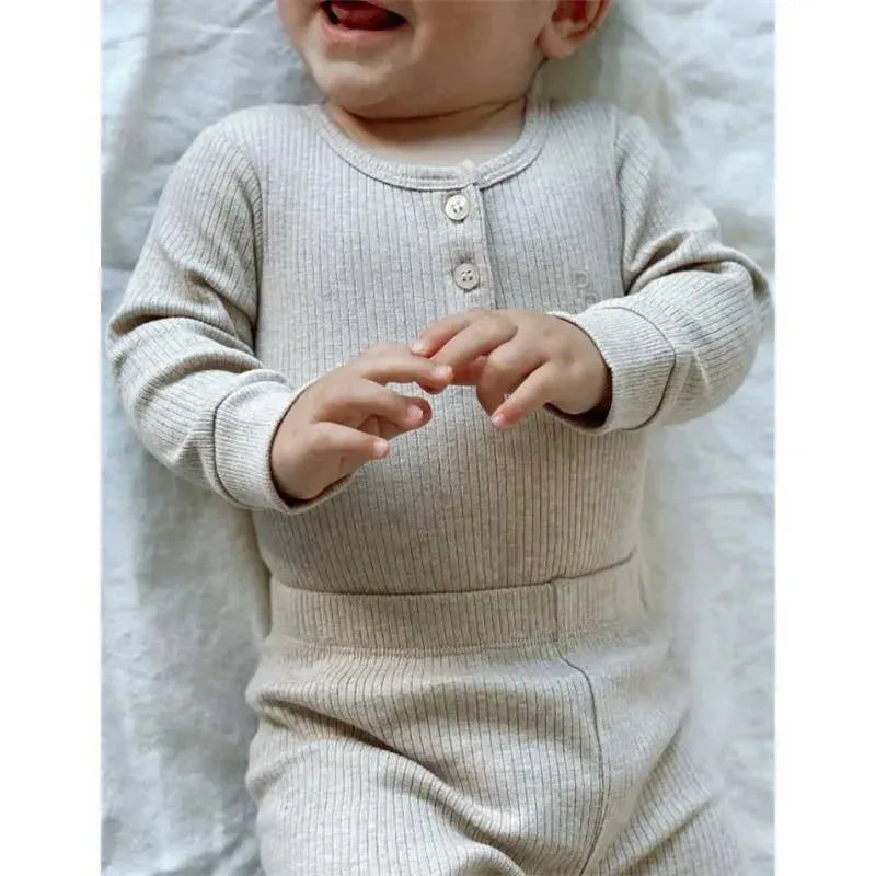 Pure Baby - Baby Neutral Rib Long Sleeve Henley Bodysuit, Biscuit Melange Image 2