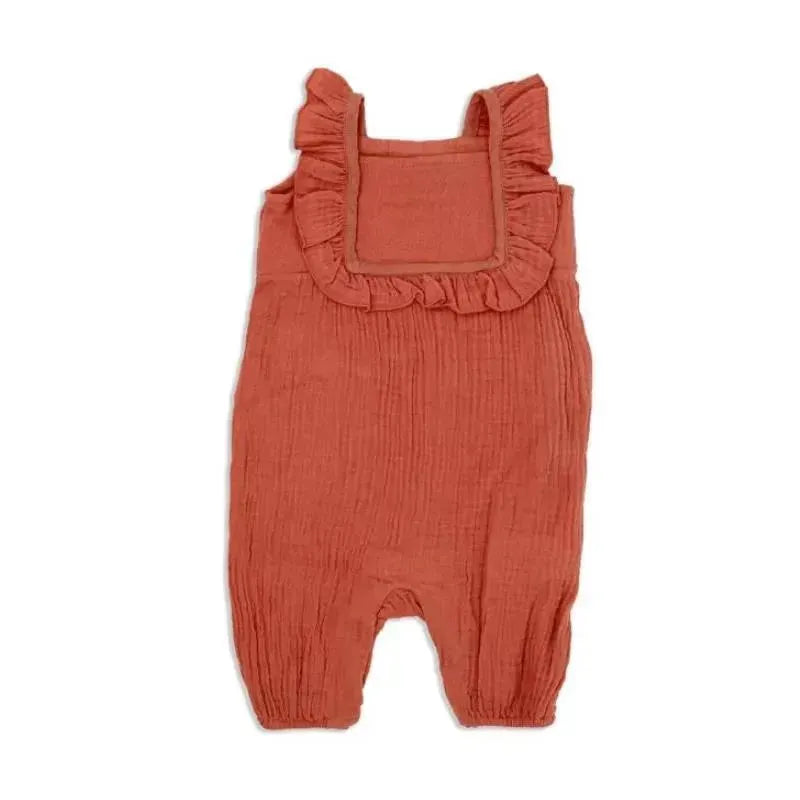 Rose Textiles - 2Pk Baby Girl Muslin Dungaree & Hat Set, Terracotta Image 1