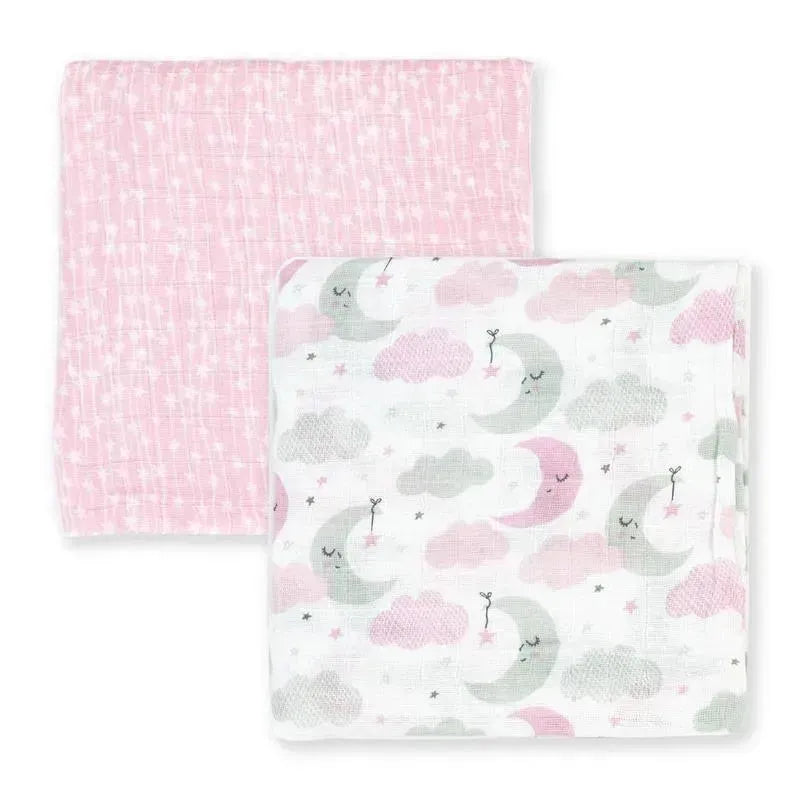 Rose Textiles - 2Pk Baby Girl Muslin Swaddle Blankets, Pink Star/Wave Image 2
