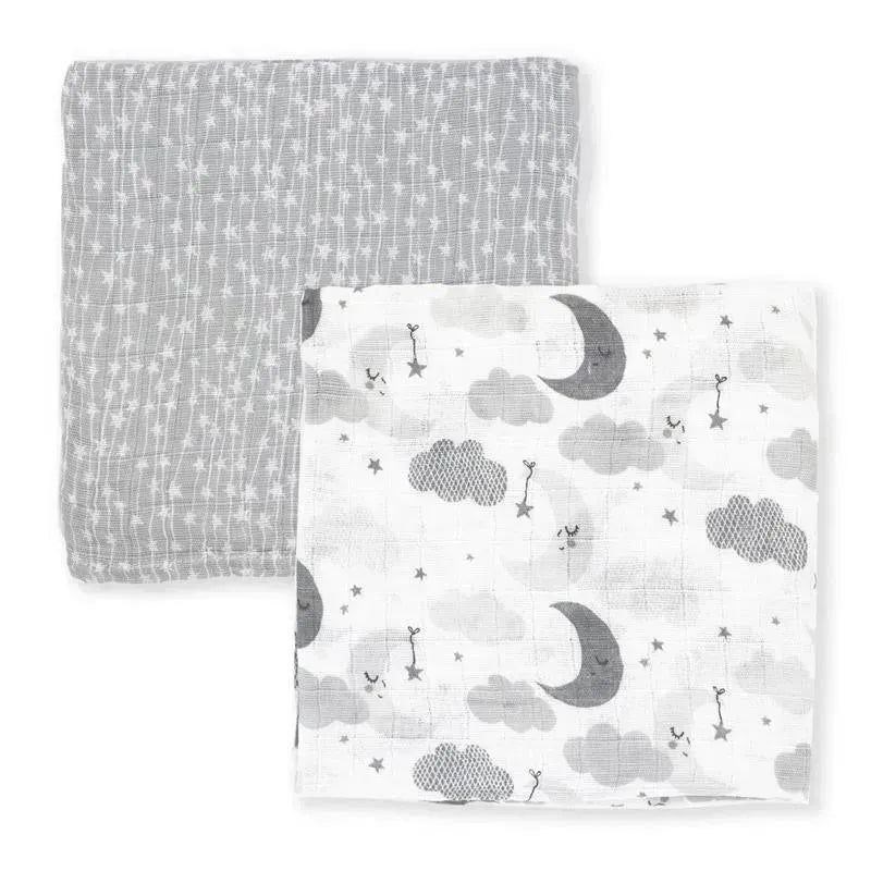 Rose Textiles - 2Pk Baby Muslin Swaddle Blankets, Grey Star/Wave Image 2